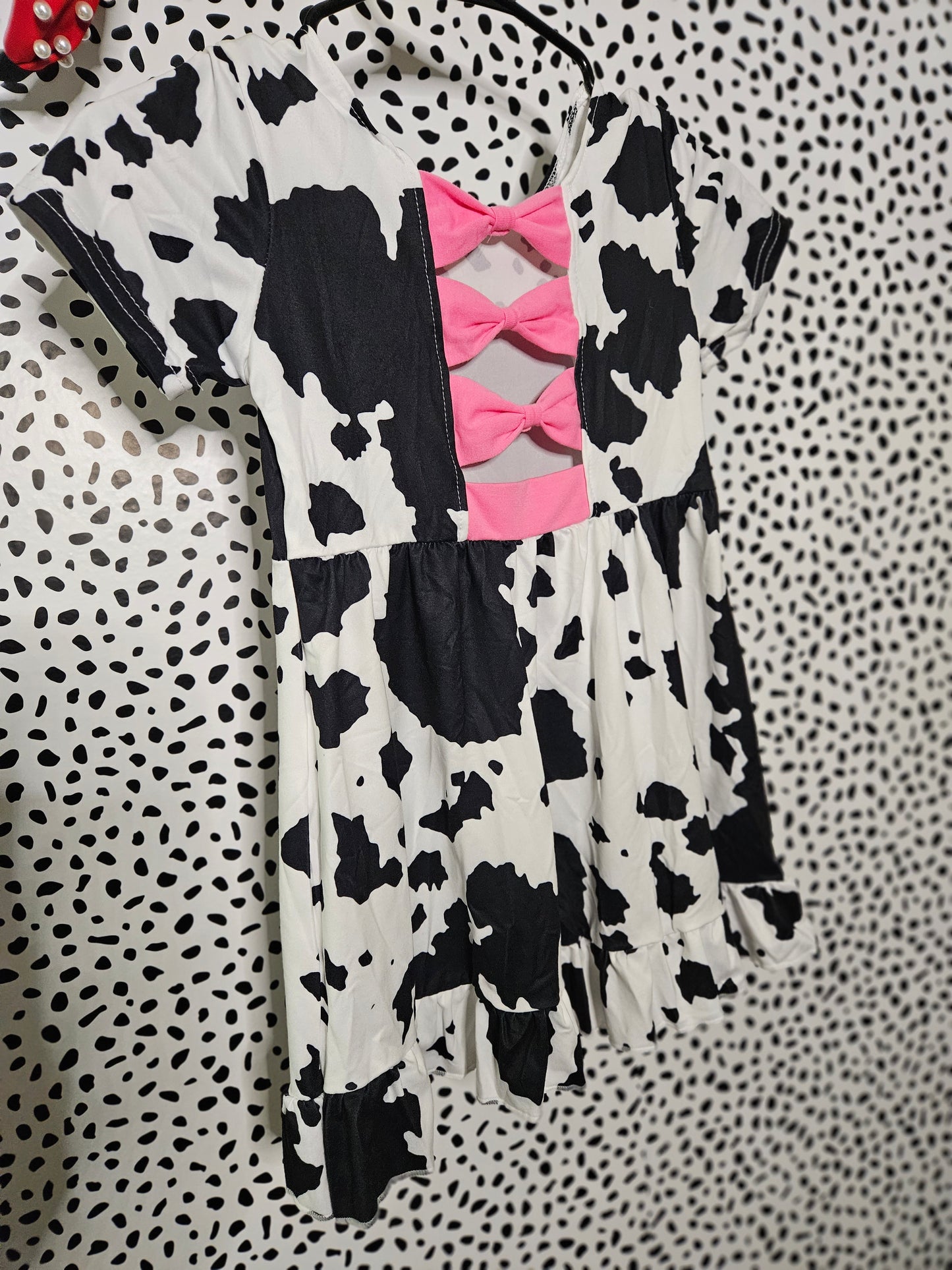 Girls Cowprint Dress with Pink Bow