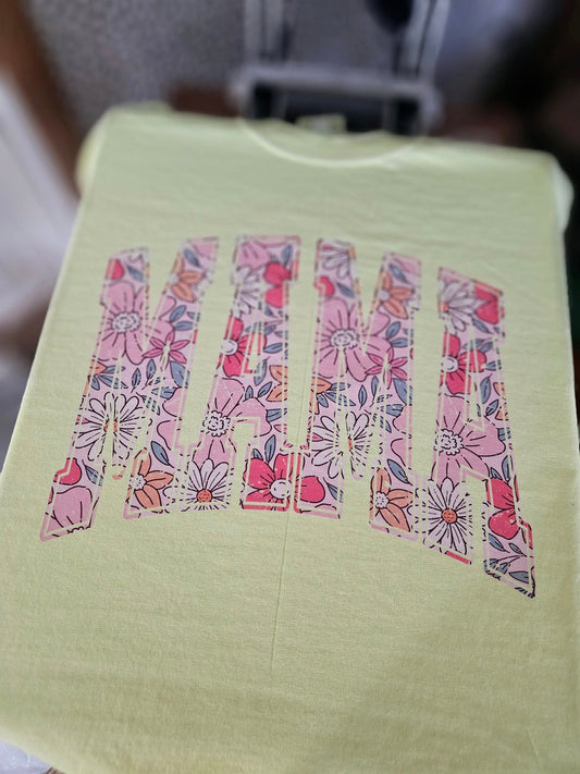 Floral MAMA on yellow comfort color tee