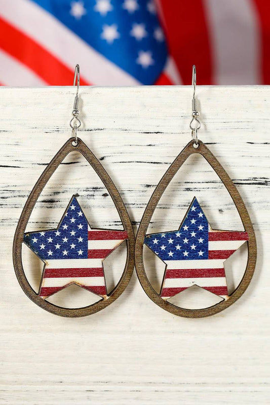 American Flag Star Shape Hollowed Wood Drop Earrings