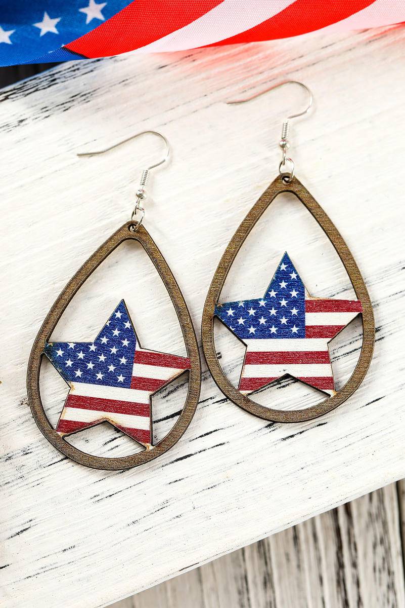 American Flag Star Shape Hollowed Wood Drop Earrings