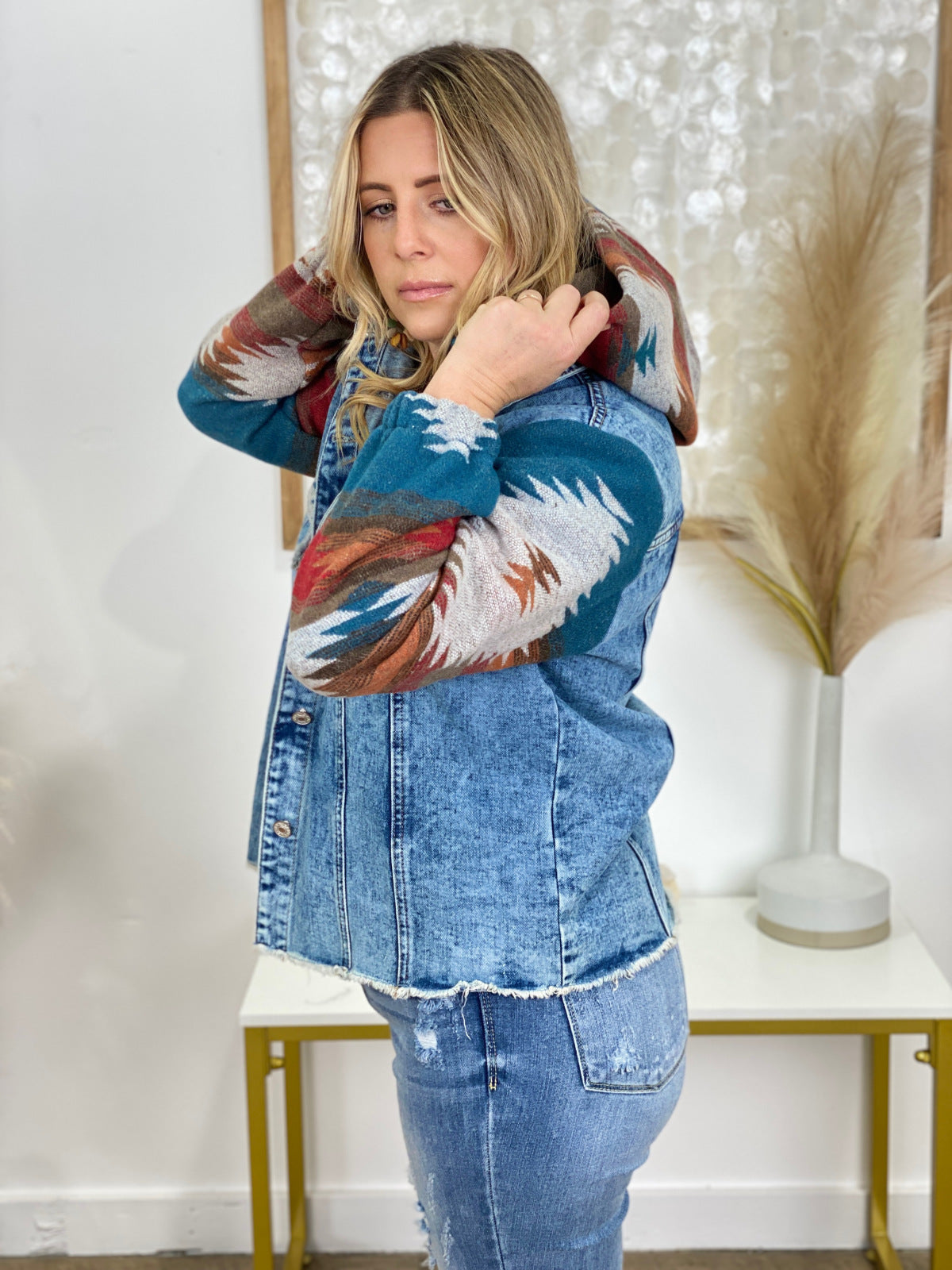 Multicolor Aztec Print Frayed Hem Denim Jacket