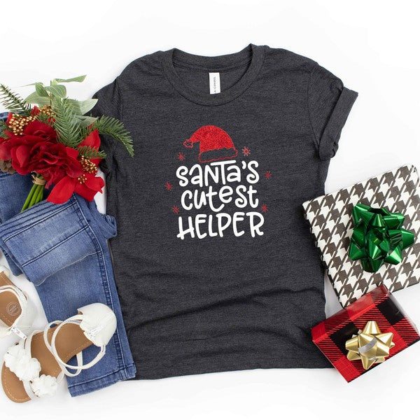 Santa's Cutest Helper Glitter Youth Graphic Tee