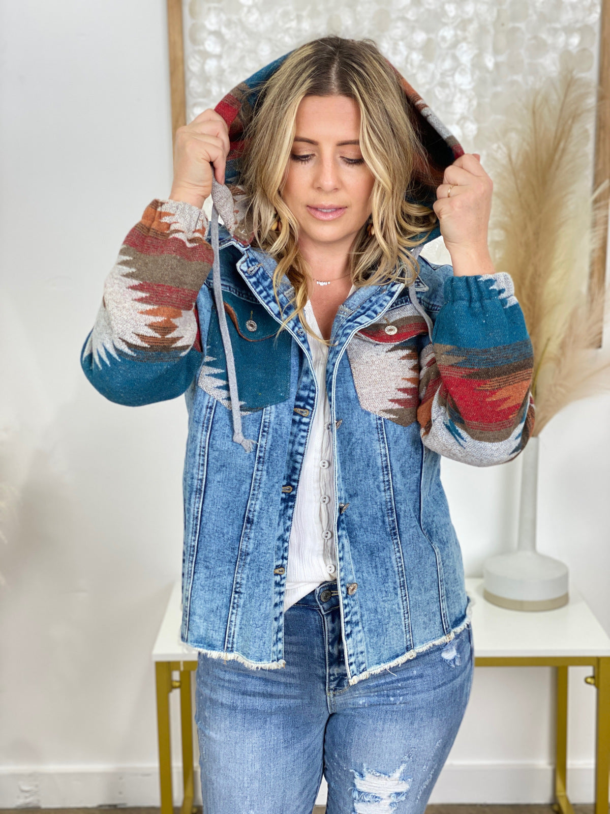 Multicolor Aztec Print Frayed Hem Denim Jacket