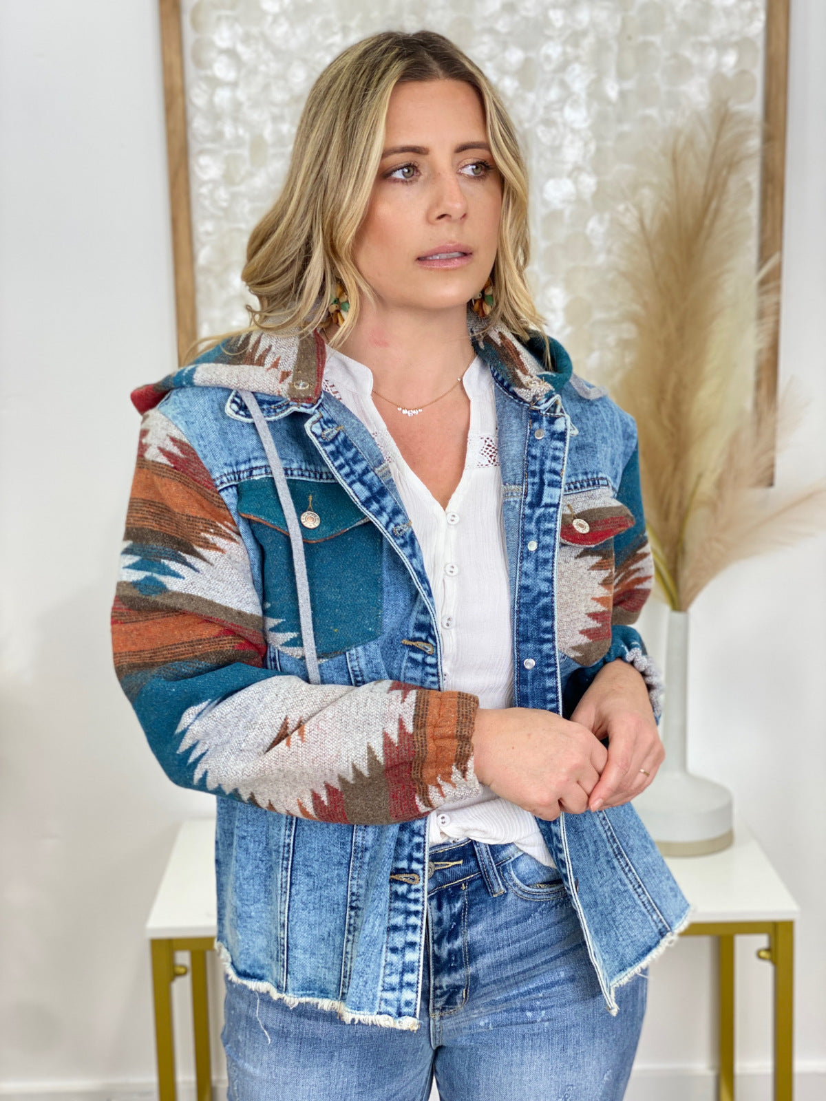 Multicolor Aztec Print Frayed Hem Denim Jacket