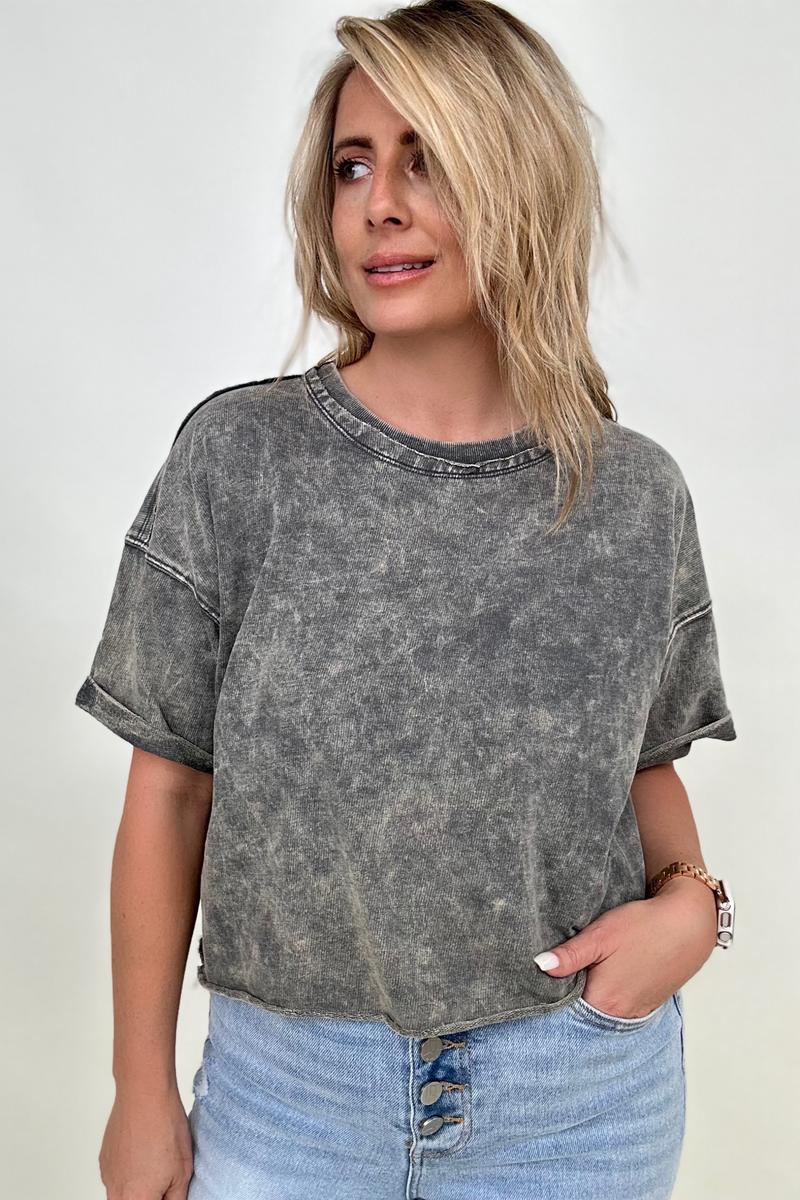 Zenana French Terry Acid Wash Raw Edge Crop Top