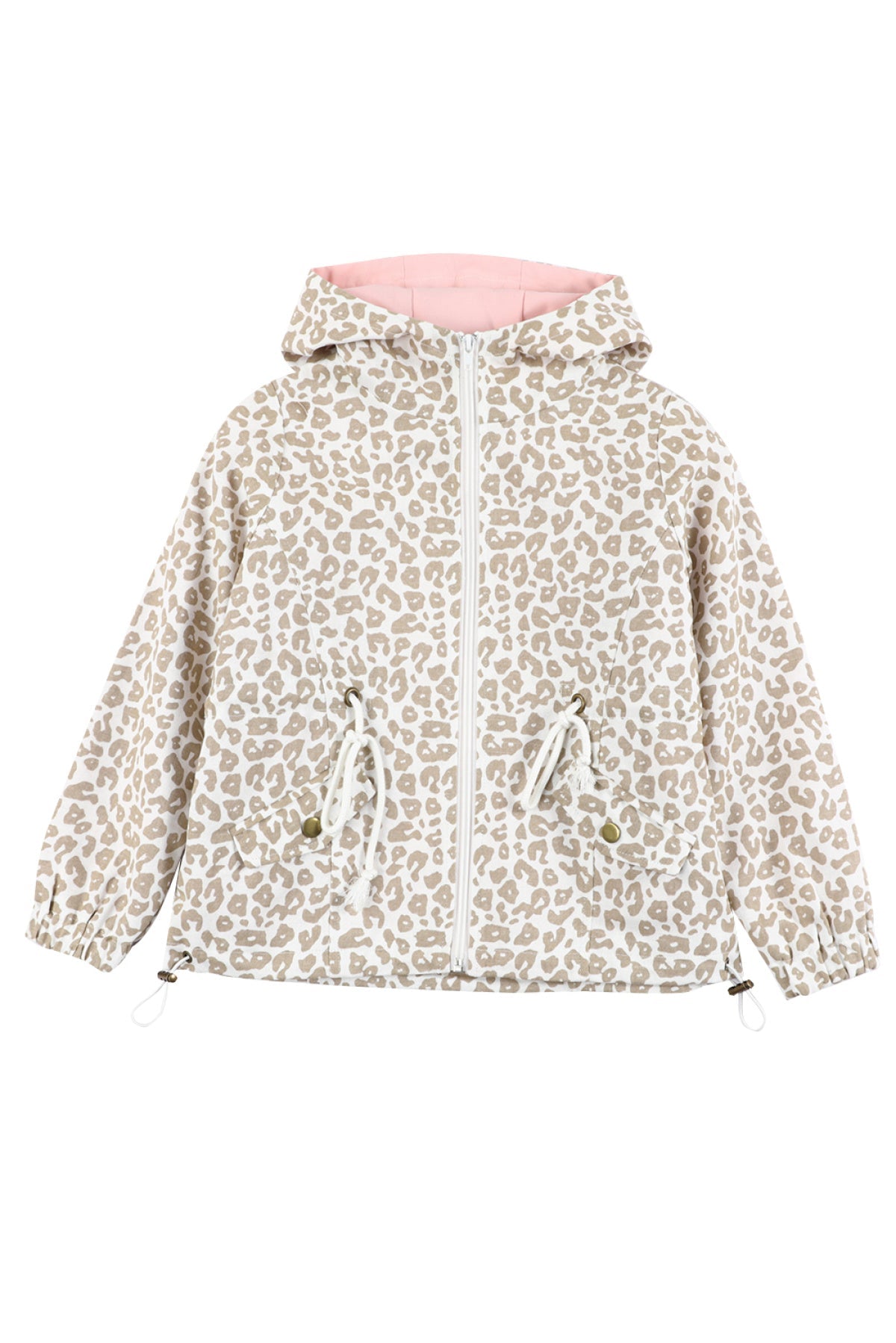 Leopard Print Drawstring Waist Hooded Kids Jacket