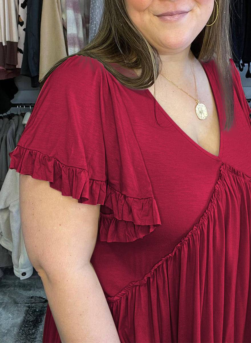 Plus Size V Neck Ruffle Sleeve Peplum Blouse