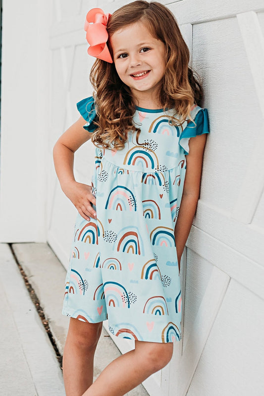 Sky Blue Graphic Print Ruffled Cap Sleeve Girl's Mini Dress