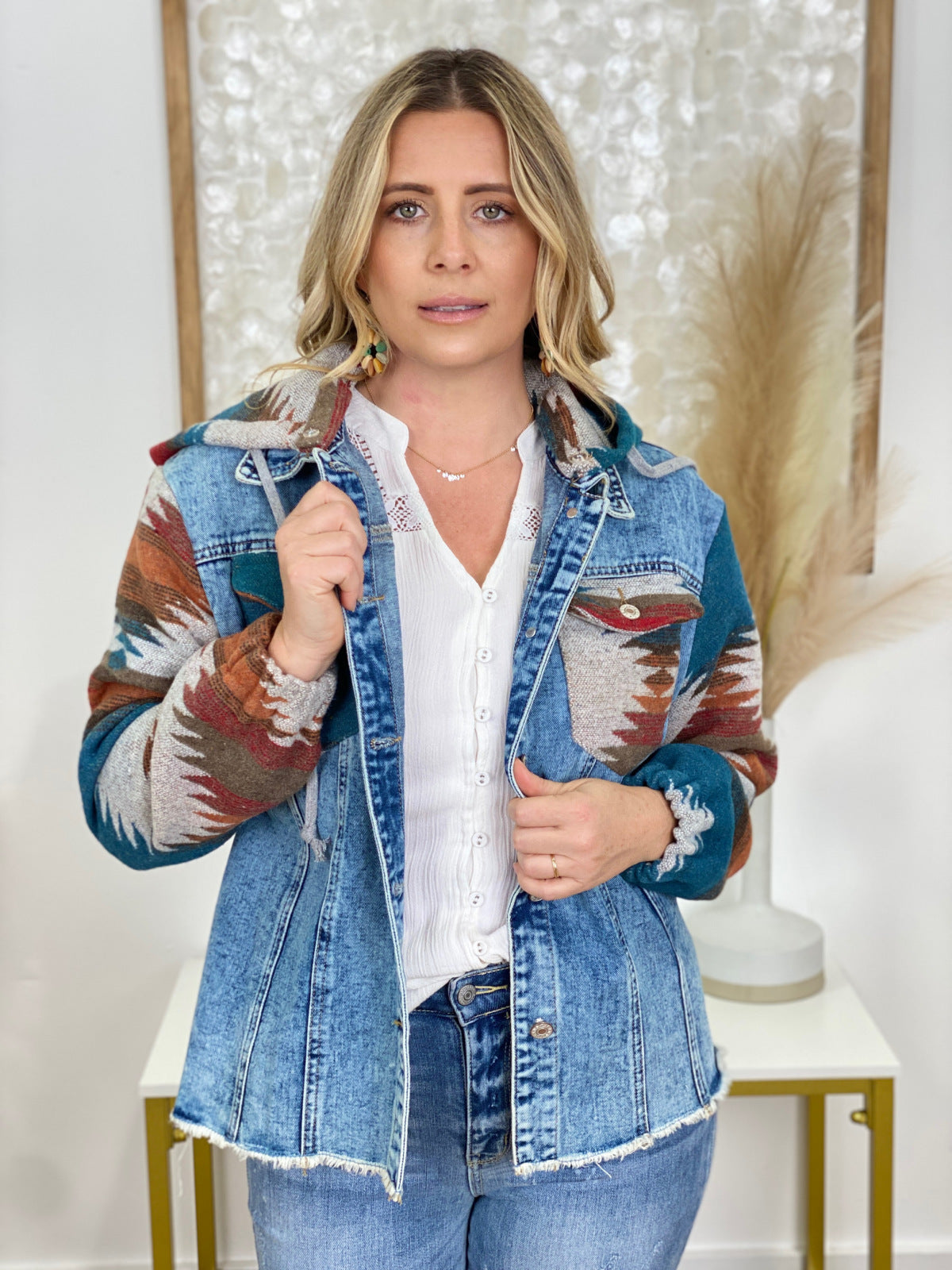 Multicolor Aztec Print Frayed Hem Denim Jacket