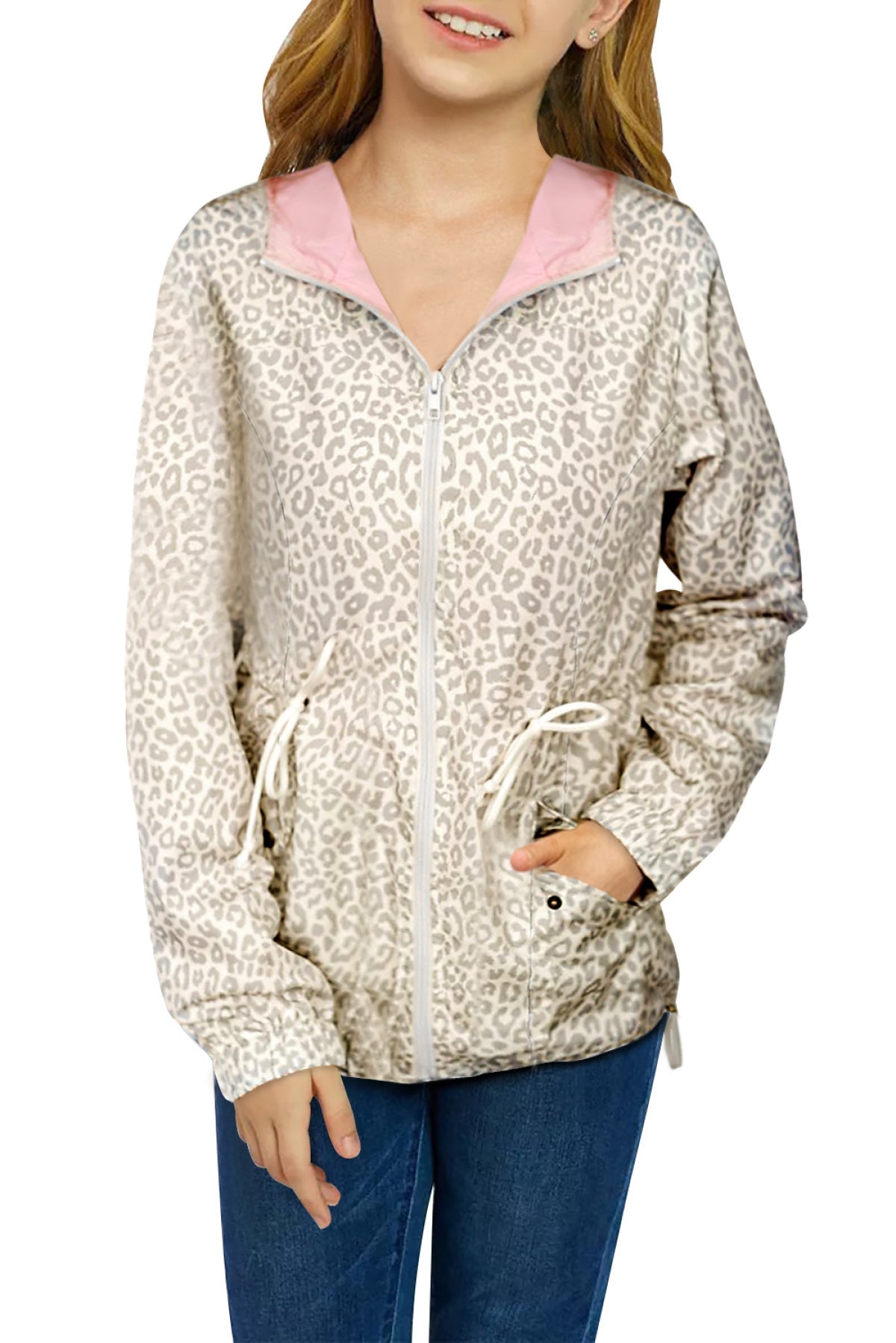 Leopard Print Drawstring Waist Hooded Kids Jacket