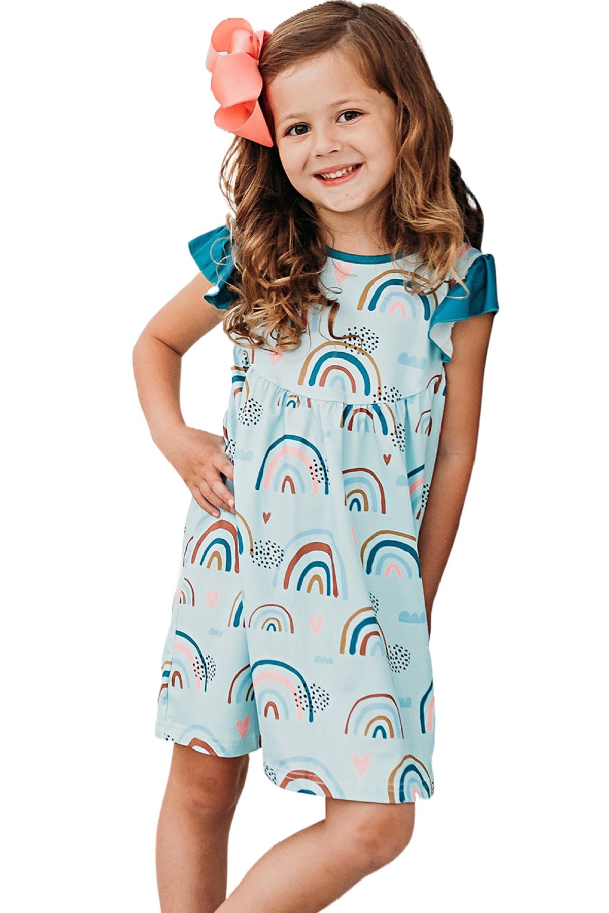 Sky Blue Graphic Print Ruffled Cap Sleeve Girl's Mini Dress