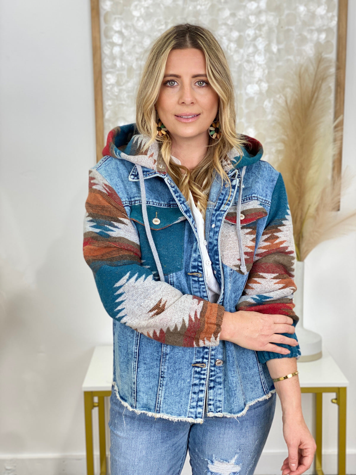 Multicolor Aztec Print Frayed Hem Denim Jacket