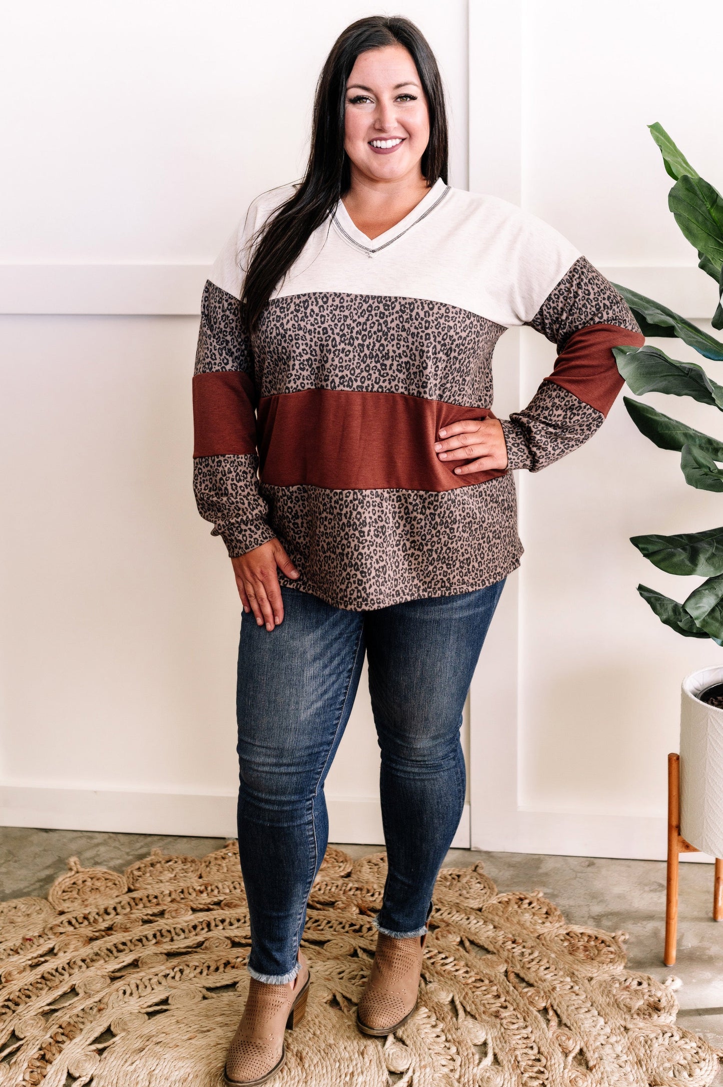 10.6 V Neck Long Sleeve Color Block Top In Rust & Neutral Leopard