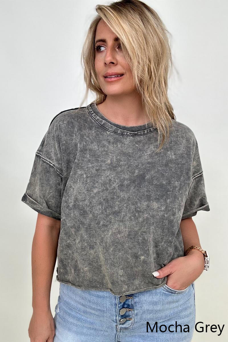 Zenana French Terry Acid Wash Raw Edge Crop Top