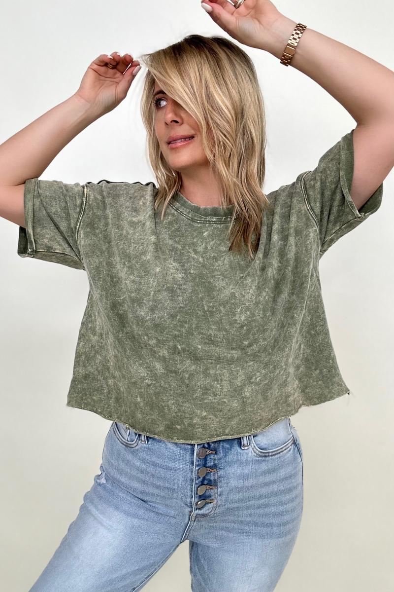 Zenana French Terry Acid Wash Raw Edge Crop Top