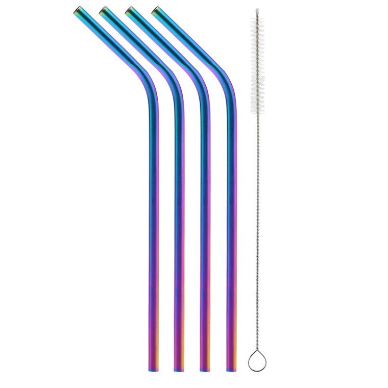 Metallic Rainbow Bent Stainless Steel Straw + Straw Brush (4 pack)