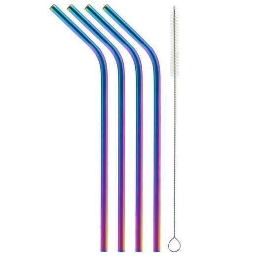 Metallic Rainbow Bent Stainless Steel Straw + Straw Brush (4 pack)