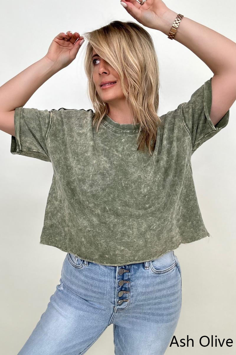 Zenana French Terry Acid Wash Raw Edge Crop Top