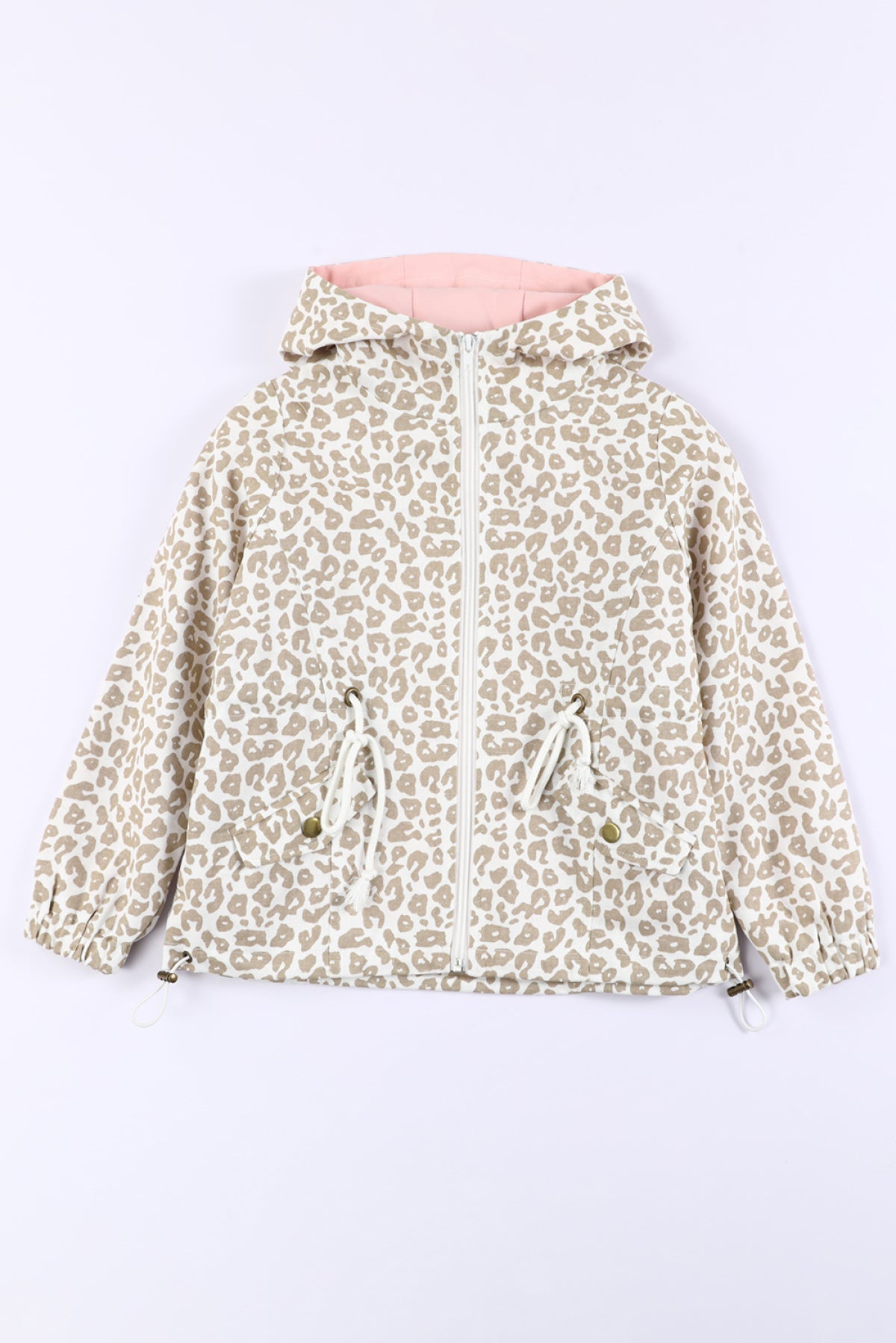 Leopard Print Drawstring Waist Hooded Kids Jacket