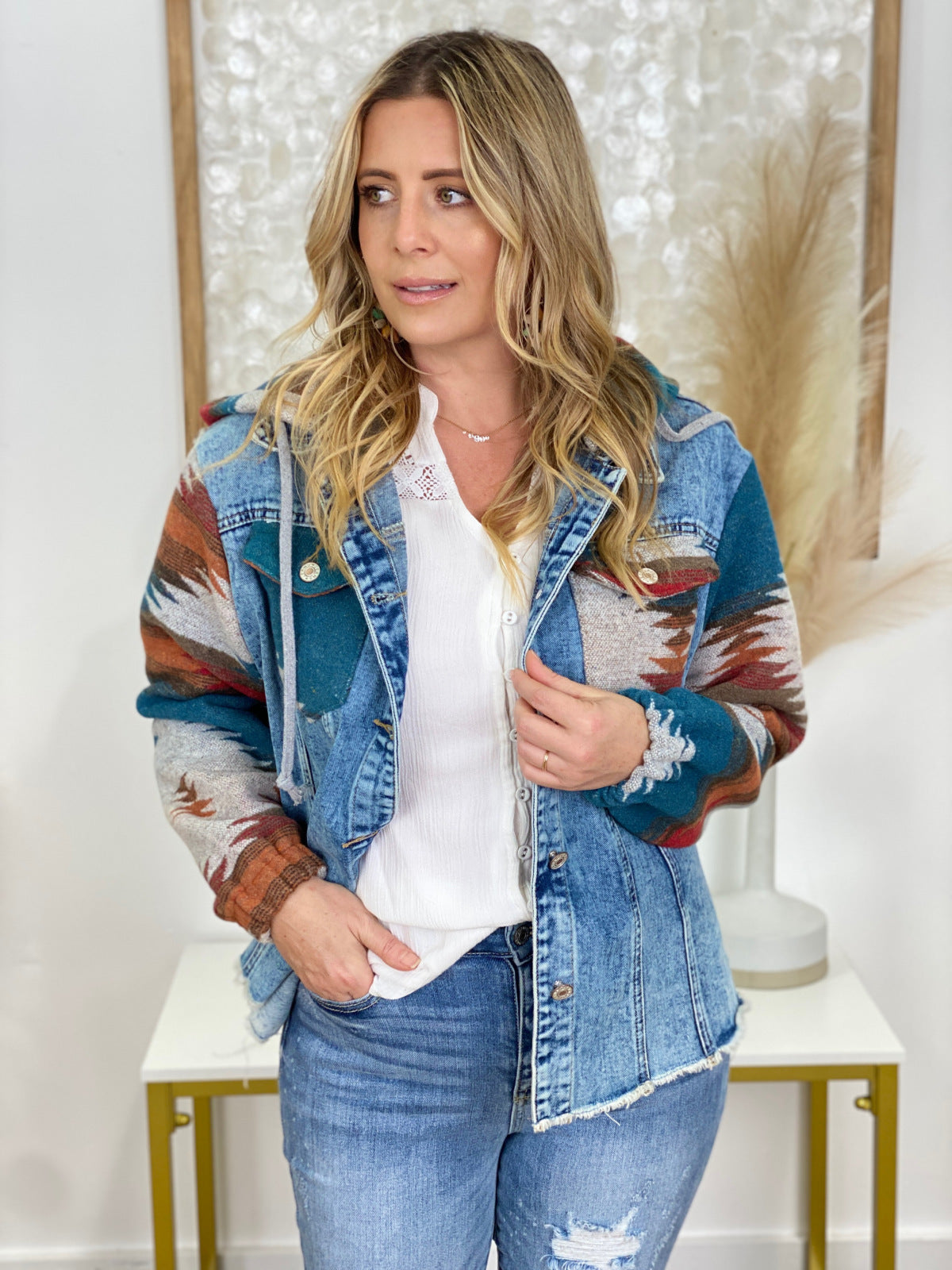 Multicolor Aztec Print Frayed Hem Denim Jacket