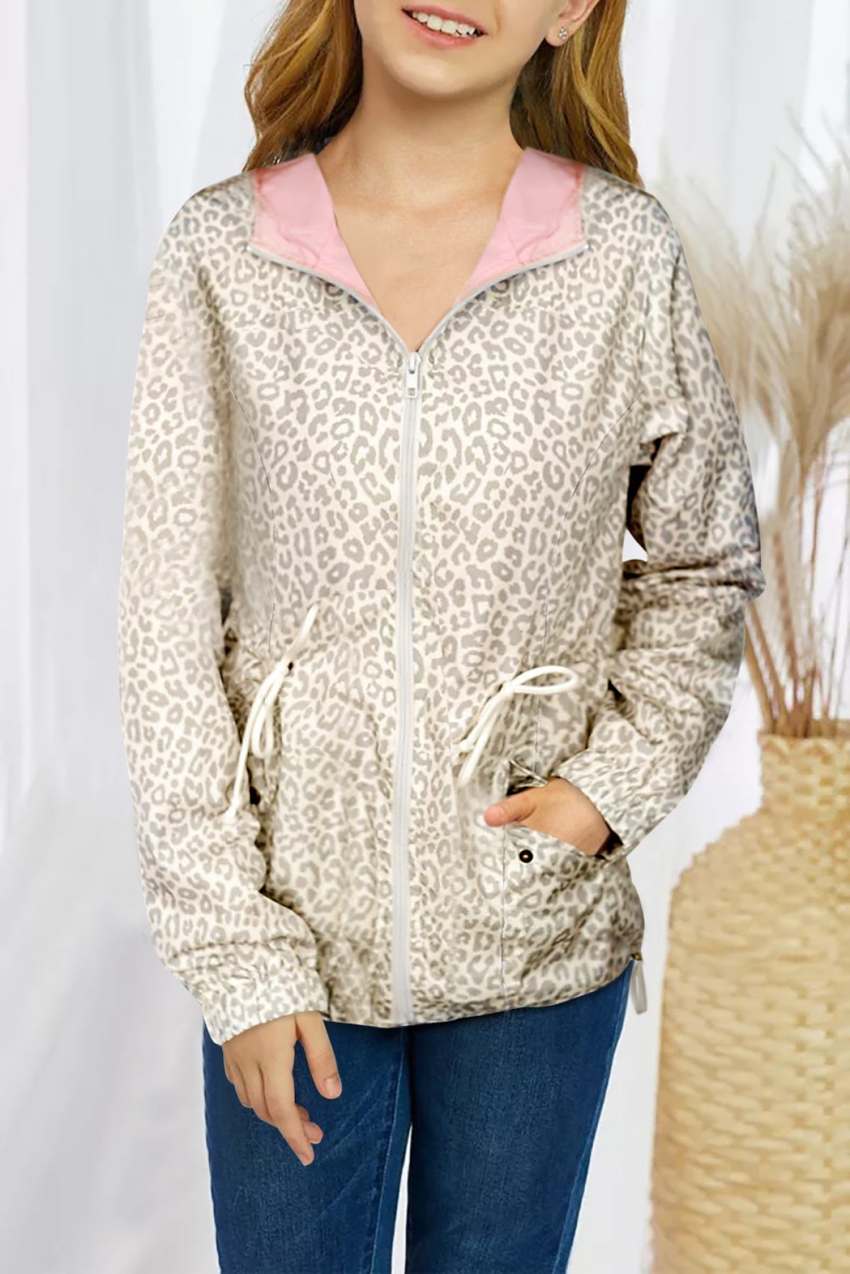 Leopard Print Drawstring Waist Hooded Kids Jacket