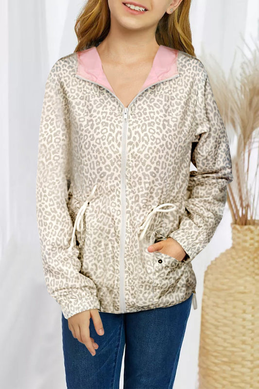 Leopard Print Drawstring Waist Hooded Kids Jacket