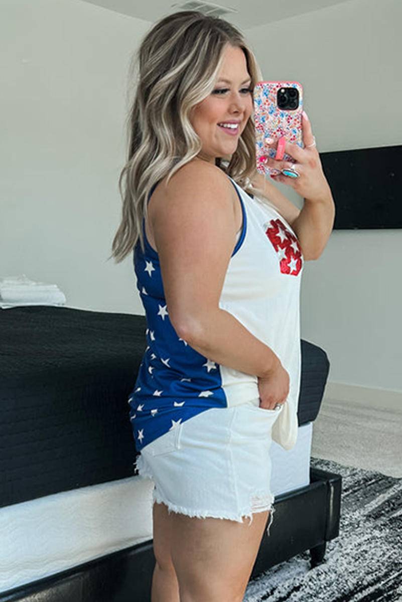 Plus Size Shiny Pocket Flag Star Back Tank Top