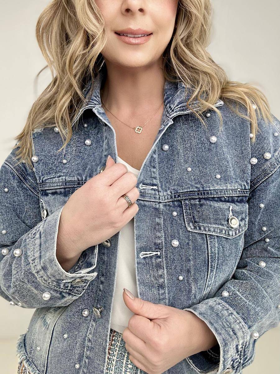 Pearl Embellished Ripped Button Down Denim Jacket