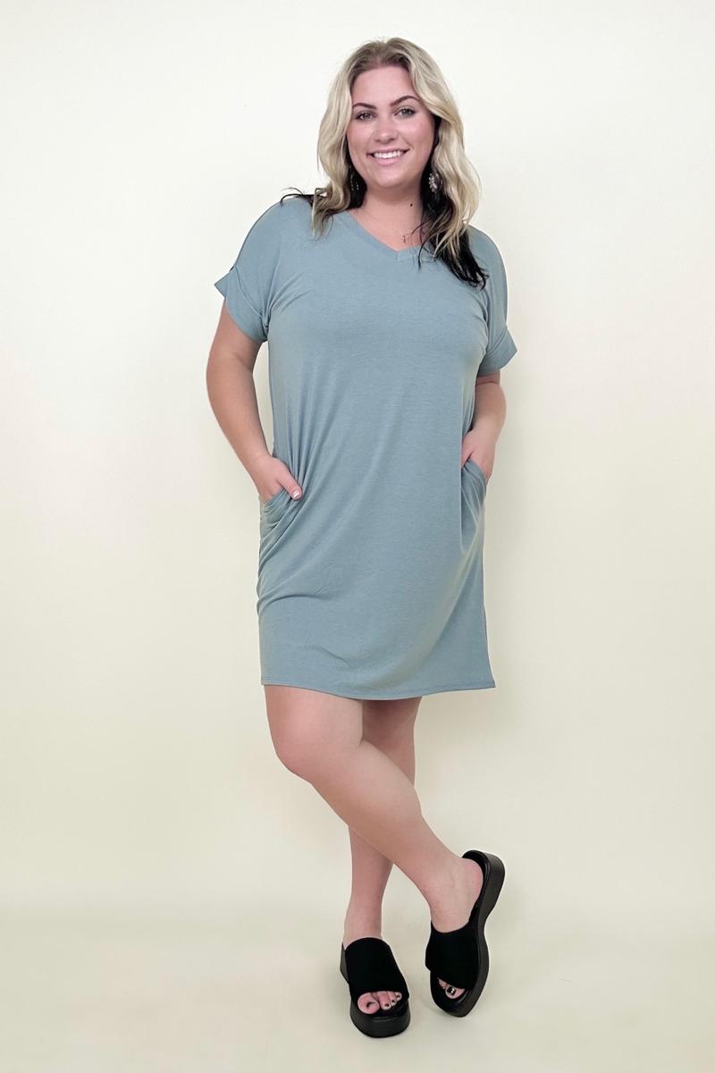 Zenana Rolled Short Sleeve V-Neck Tee Shirt Dress with Pockets