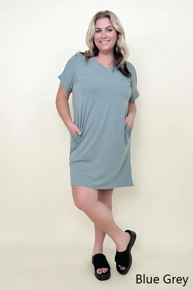 Zenana Rolled Short Sleeve V-Neck Tee Shirt Dress with Pockets